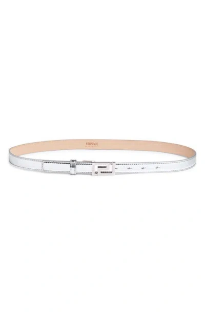 Versace Greca Buckle Leather Belt In Metallic