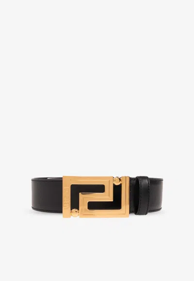 Versace Greca Buckle Leather Belt In Black