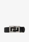 Versace Greca Buckle Leather Belt In Black