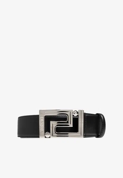 Versace Greca Buckle Leather Belt In Black