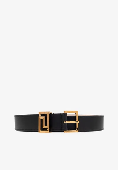 Versace Greca Buckle Leather Belt In Black