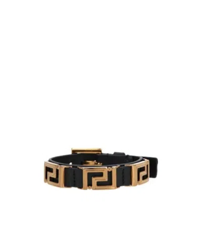Versace Greca-charm Leather Bracelet In Black