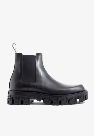 Versace Greca Chelsea Boots In Calf Leather In Black