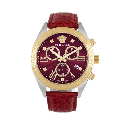 Versace Greca Chrono Leather Watch In Red
