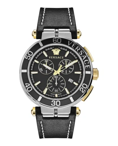 Versace Men's Chronograph Greca Black Leather Strap Watch 45mm In Multi