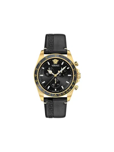 Versace Greca Chrono Wave Leather Watch In Black