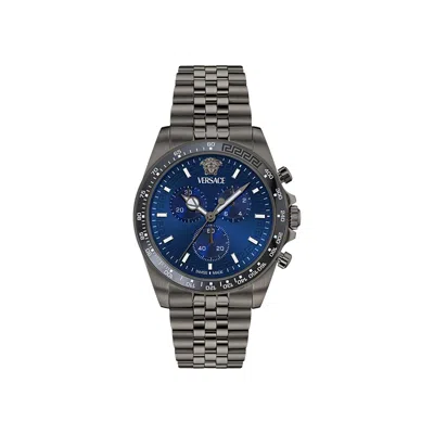 Pre-owned Versace Greca Chrono Wave Bracelet Watch 'gun' | Black | Men's Size Onesize