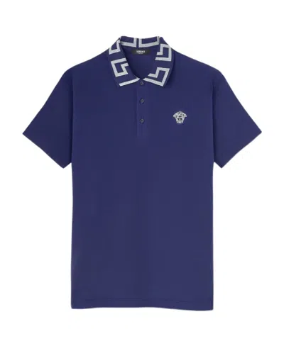 Versace Greca-collar Cotton Polo Shirt In Black