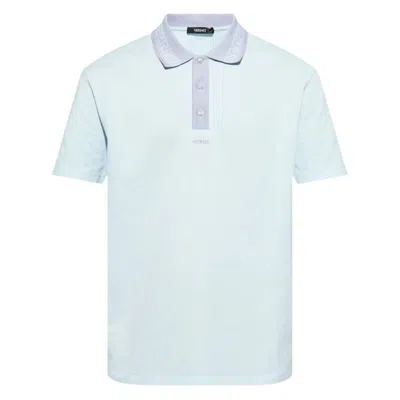 Versace Greca Collar Cotton Polo Shirt In Blue