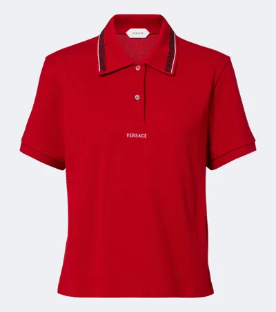 Versace Polo Piquet With Logo And Greca Embroidery In Red