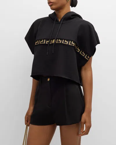Versace Greca Cropped Short-sleeve Hoodie In Black
