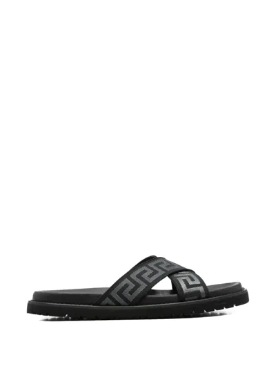 Pre-owned Versace Greca Crossover Sandals In Black