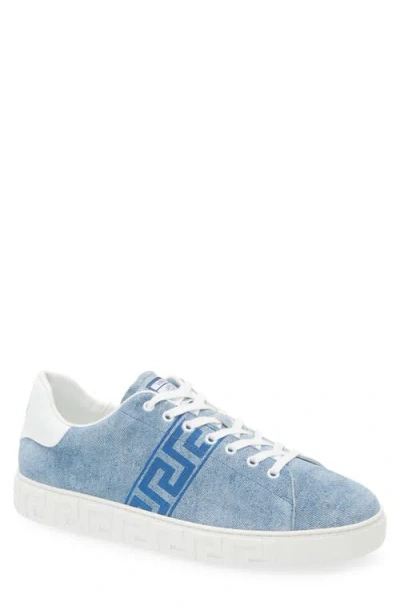 Versace Greca Denim Look Suede Trainer In Denim White