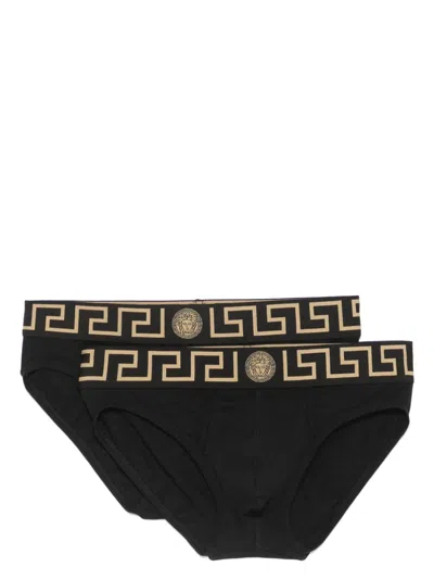Versace Mens Set Of Two Black Cotton Briefs With Greek Detail In G Black Gold