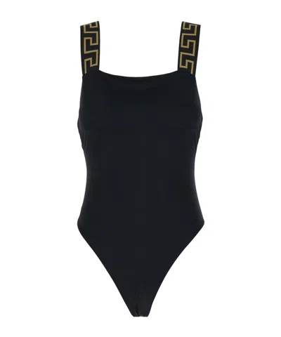 Versace One Piece Swimsuit With Greek Border In Black