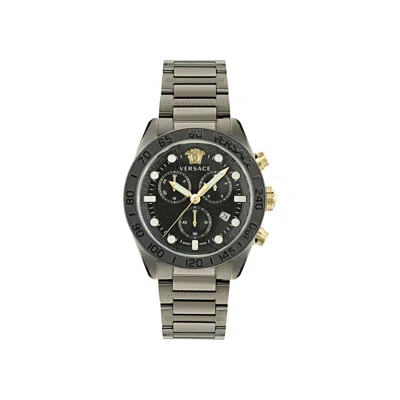 Pre-owned Versace Greca Dome Chrono Bracelet Watch 'gun' | Black | Men's Size Onesize