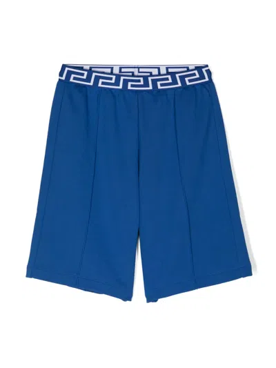 Versace Kids' Greca-elasticated Waist Cotton Shorts In Blue