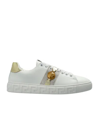 Versace Greca Embellished Lace-up Sneakers In White