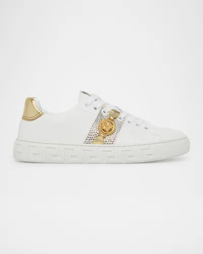 Versace Greca Embellished Leather Low-top Sneakers In White
