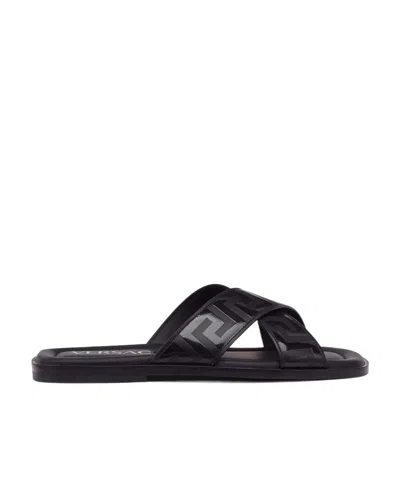 Versace Greca-embossed Crossover-strap Sandals In Black