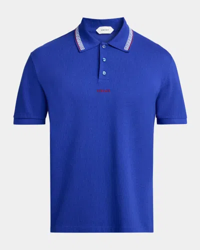 Versace Greca Embroidered Cotton Polo Shirt In Blue