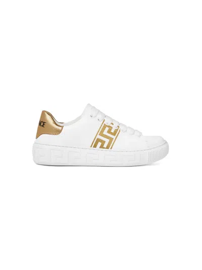 VERSACE GRECA-EMBROIDERED LEATHER SNEAKERS