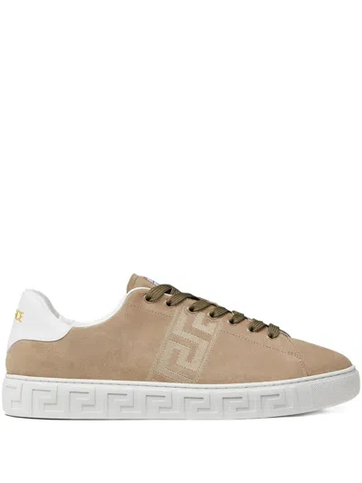 Versace Greca-embroidered Sneakers In Gold