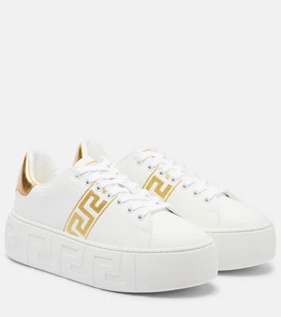 Versace La Greca Embroidered Platform Sneakers In White