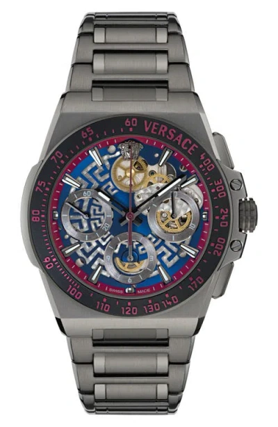 Versace Greca Extreme Skeleton Dial Automatic Chronograph Bracelet Watch, 43mm In Black