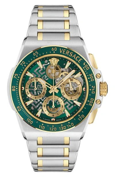 Versace Greca Extreme Skeleton Dial Automatic Chronograph Bracelet Watch, 43mm In Metallic