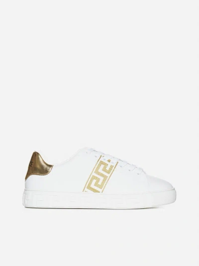 Versace Greca-embroidered Leather Sneakers In White