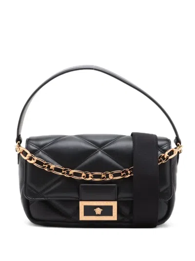 Pre-owned Versace Greca Flame Quilted Chain Shoulder Bag In Black