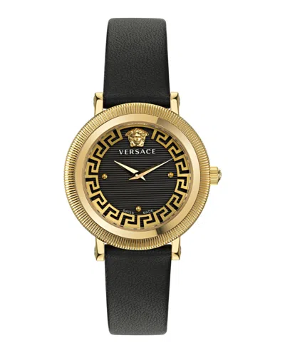 Versace Women's Swiss Greca Flourish Black Leather Strap Watch 35mm In Ip Yellow Gold
