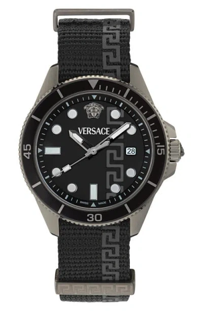 VERSACE VERSACE GRECA FORCE FABRIC STRAP WATCH, 42MM
