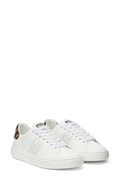Versace Greca Leopard-embroidered Sneakers In Whitbrwn