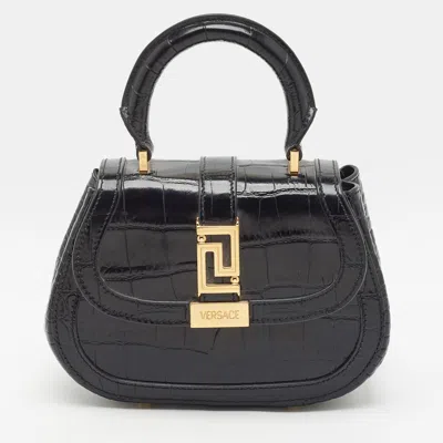 Pre-owned Versace Greca Goddess Black Croc Embossed Leather Top Handle Bag