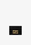 Versace Greca Goddess Cardholder In Croc-embossed Leather In Black