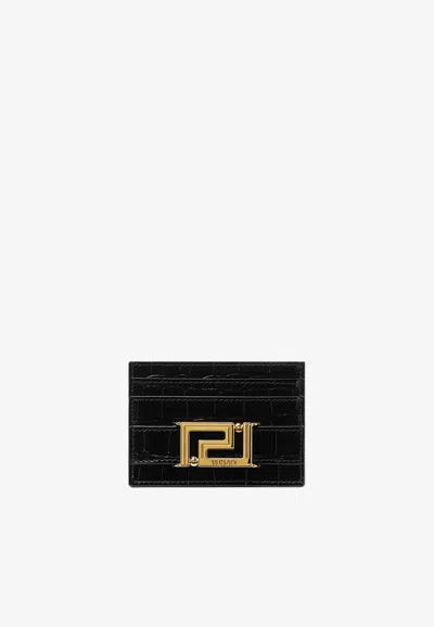Versace Greca Goddess Cardholder In Croc-embossed Leather In Black