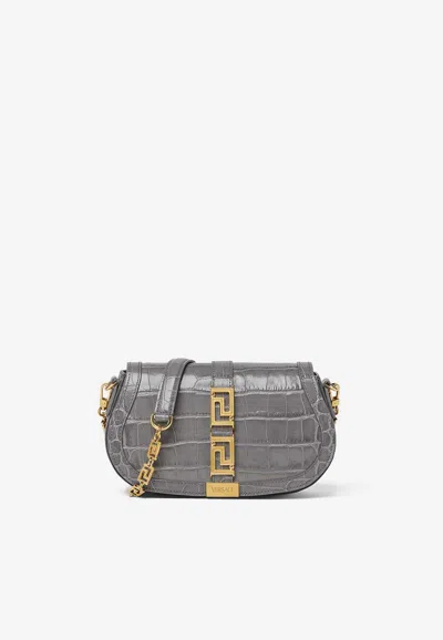 Versace Greca Goddess Croc-embossed Leather Crossbody Bag In Gray