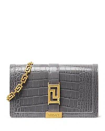Versace Greca Goddess Croc Embossed Leather Mini Bag In Charcoal Multi