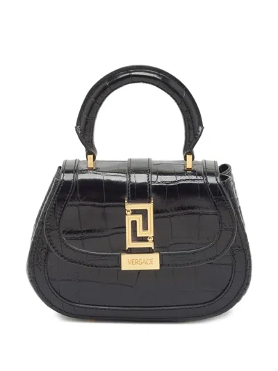 Pre-owned Versace Greca Goddess Croc-embossed Handbag In Black
