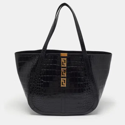 Pre-owned Versace Greca Goddess Large Black Croc Embossed Leather Tote