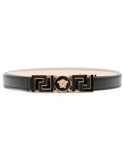 Versace Greca Plaque Leather Belt In Black