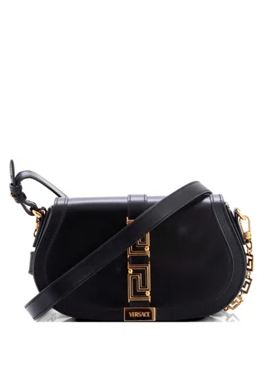 Pre-owned Versace Greca Goddess Leather Medium Shoulder Bag In Black