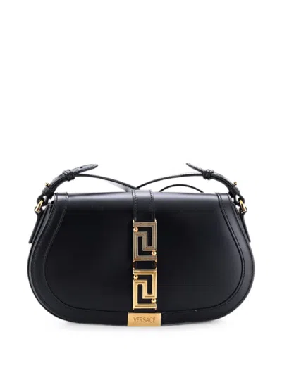 Pre-owned Versace Greca Goddess Leather Medium Shoulder Bag In Black