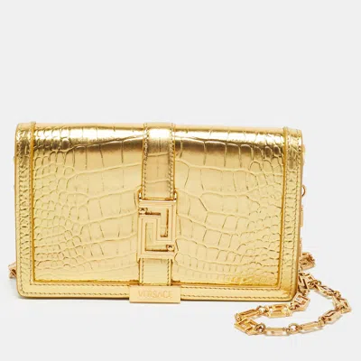 Pre-owned Versace Greca Goddess Mini Gold Croc Embossed Leather Chain Clutch