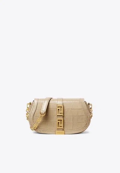 Versace Greca Goddess Shoulder Bag In Croc Embossed Leather In Beige