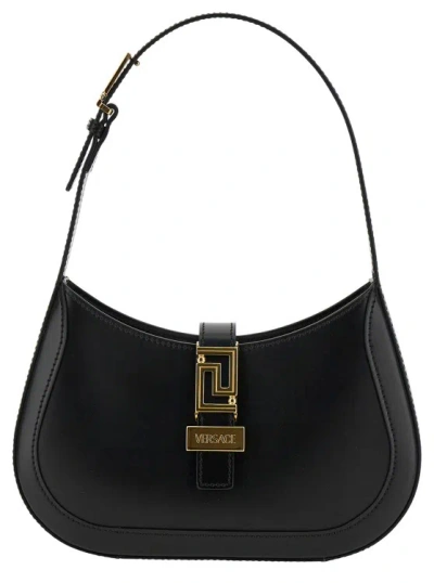 Versace Greca Goddess' Small Black Hobo Bag With Logo Detail In Leather