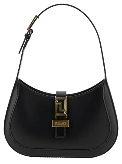 VERSACE VERSACE GRECA GODDESS SMALL BLACK HOBO BAG WITH LOGO DETAIL IN LEATHER WOMAN