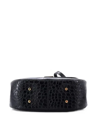 Pre-owned Versace Greca Goddess Top Handle Bag Crocodile Embossed Leather Medium Satchel In Black